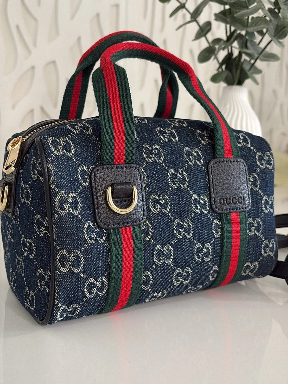 Navy GG Denim Mini Boston with Red and Green Webbing - Picture 1 of 5